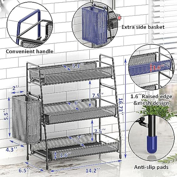 EKNITEY Bathroom Countertop Organiser Shelf - 3 Tier Counter Spice Rack Metal Makeup Rack Small Coffee Station Organizer for Sink/Bedroom/Living room/Kitchen/Office Balck
