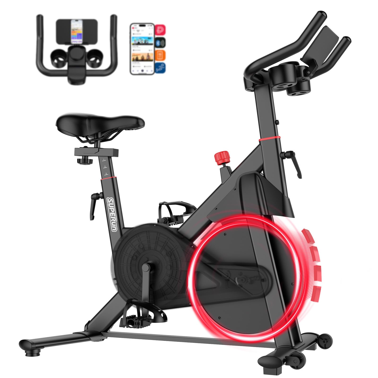 Superun Exercise Bike for Home Use Spin Bike with Adjustable Magnetic Resistance, Stationary Bike with LCD Display and APP, 136 kg Weight Capacity