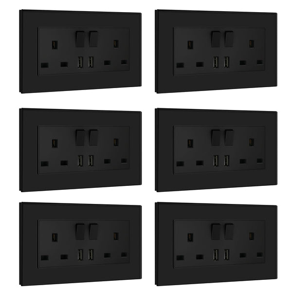 BSEED Double Socket 13A with LED Indicator, Double Switched Wall Socket 2 Gang UK Standard, Electric Switched Plug Power Wall Outlet with Glass Panel, Grey