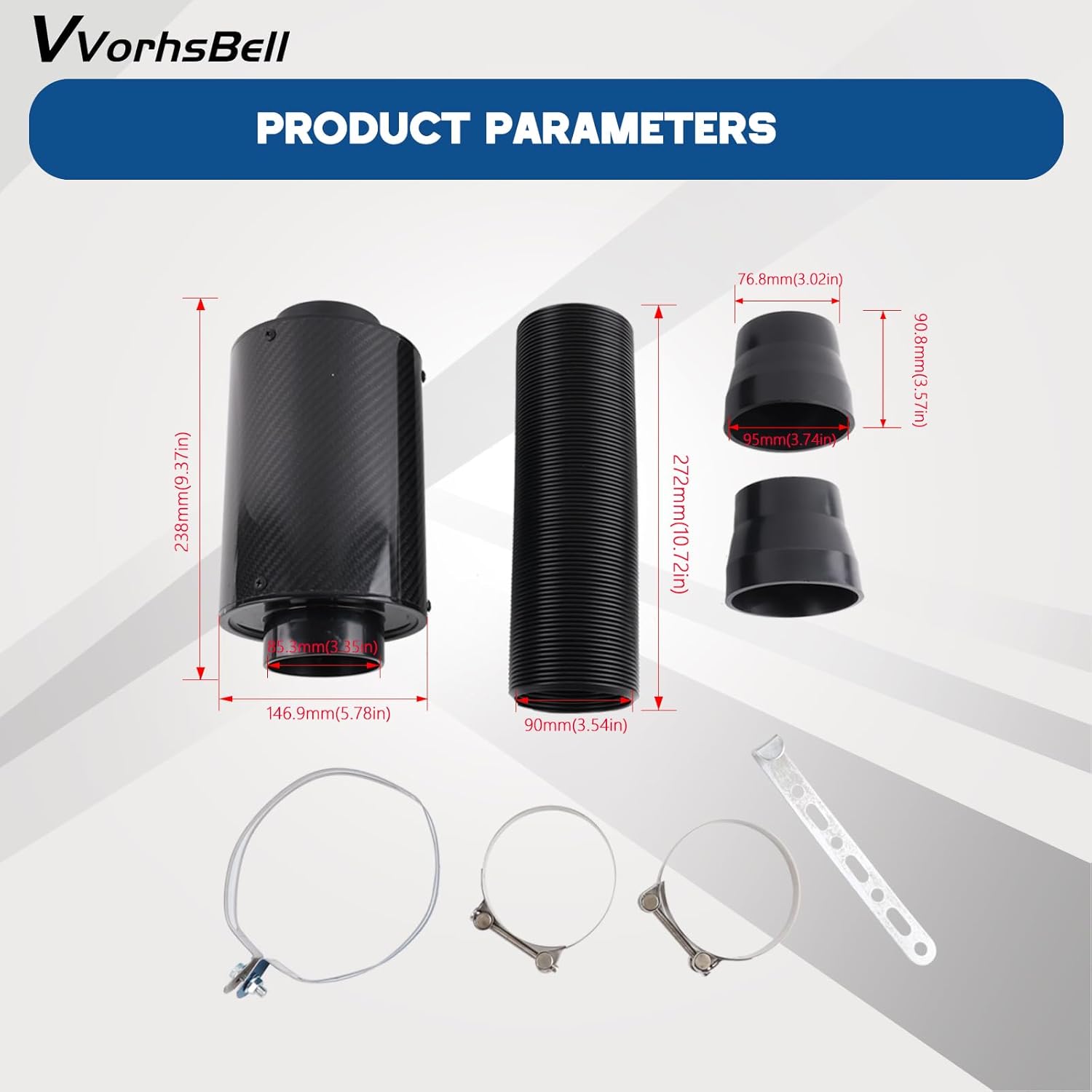 VVORHSBELL Air Intake Filter 3"76mm Universal Cold Air Filter Carbon Fibre Pipe Hose Kit Feed Enclosed Intake Induction System（Black）
