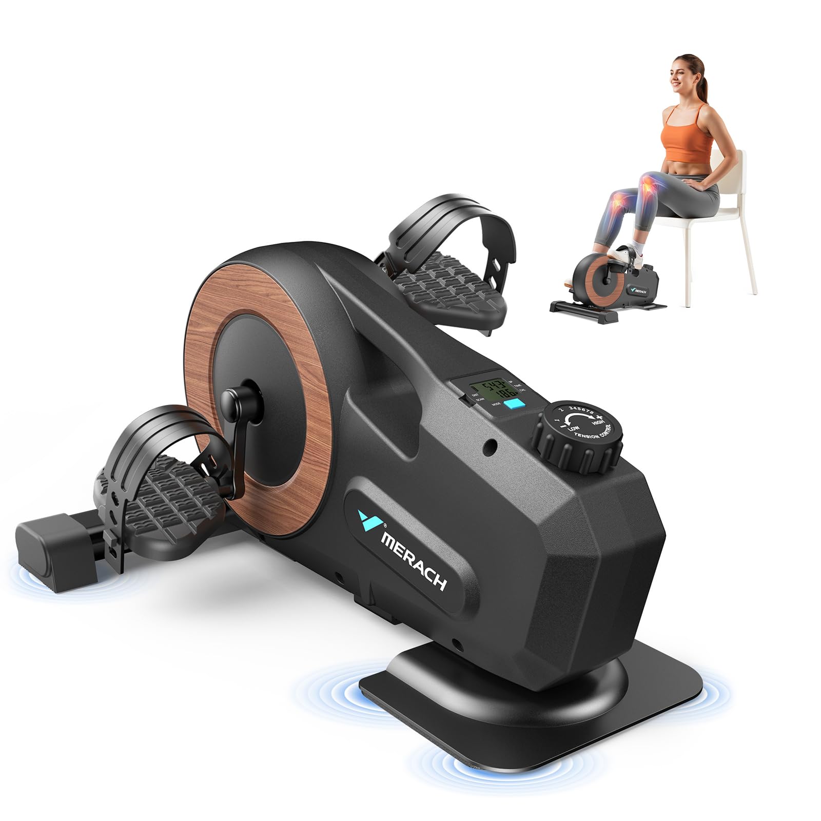 MERACH Under Desk Bike Pedal Exerciser, Mini Exercise Bike with 8-Level Magnetic Resistance, LCD Display & Anti-Slip Base, Eco-Friendly Portable Desk Bike for Office, Home, or Rehab