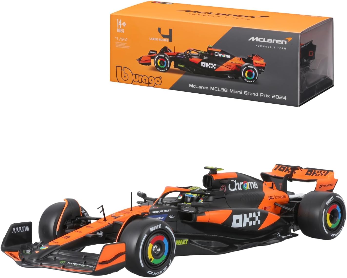Bburago F1 Formula 1 MCLAREN MCL38 (2024) WITH HELMET- NORRIS - 1:24 Scale - Incredibly Detailed Die-Cast Replica Collectible Race Car Model