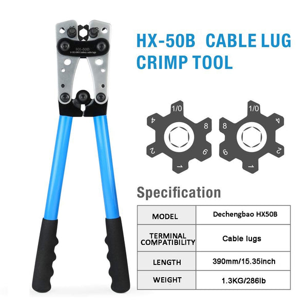 HX-50B Battery Cable Lug Crimping Tools Hand Electrician Pliers for Crimping Wire Cable from 6-50mm²(AWG 8-1/0) with Thickened and Reinforced The Metal Plate (HX50B Crmper +60PCSTerminals)