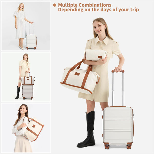 Kono Travel Luggage Sets of 6 Piece Lightweight ABS Hard Shell Trolley Case with TSA Combination Lock 20" 24" 28" Suitcase + 12" Beauty Case + Duffel Bag & Toiletry Bag (Cream White)