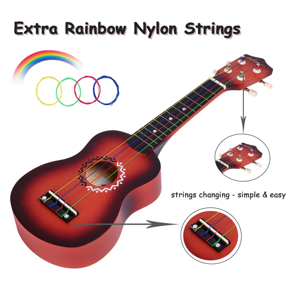 ADM Soprano Ukulele Set for Kids and Beginners, Ukulele Starter Kit with Bag, Clip-On Tuner, Rainbow Strings, Colourful Strap, Plectrum, Fingerboard Sticker, Chord Card (Dark Blue)