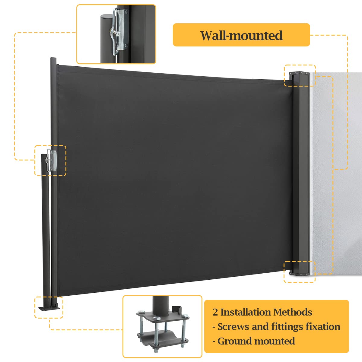 The Fellie Dark Grey Retractable Side Awning, Wind, UV Protection and Weatherproof PU Coating for Outdoor Privacy Screen for Garden, Balcony, Terrace, 140 x 300 cm