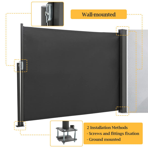 The Fellie Dark Grey Retractable Side Awning, Wind, UV Protection and Weatherproof PU Coating for Outdoor Privacy Screen for Garden, Balcony, Terrace, 140 x 300 cm