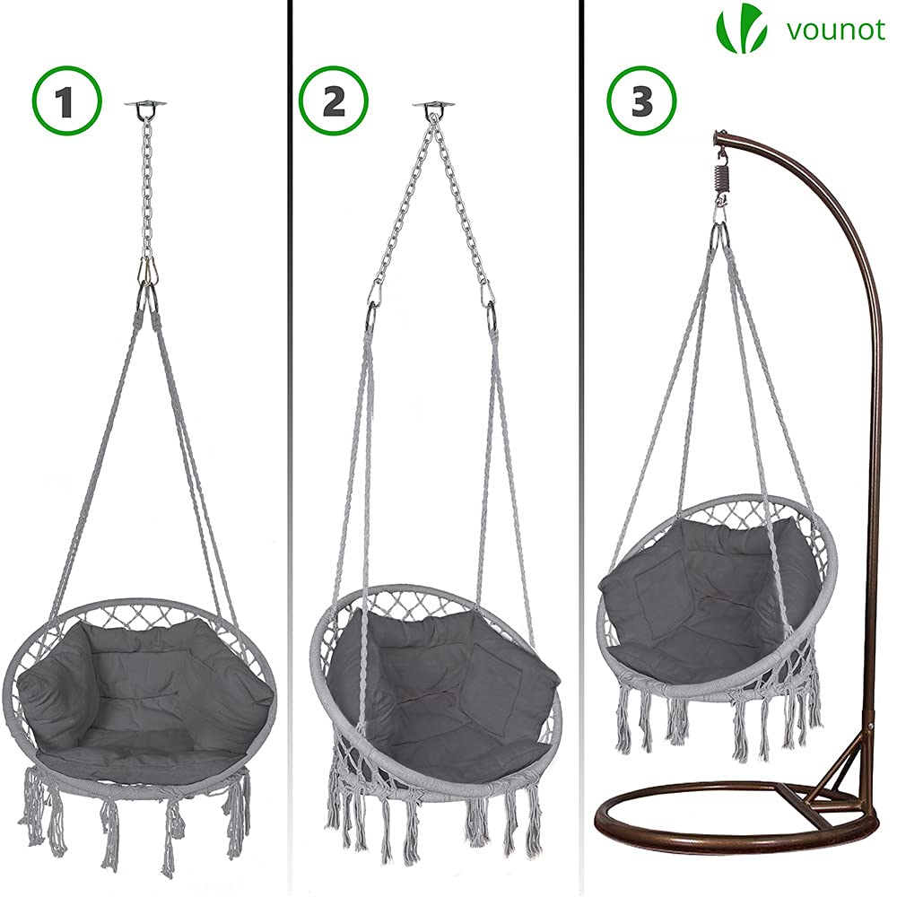 VOUNOT? Hanging Chair with Cushion, Macrame Hammock Swing Chair for Bedroom, Balcony, Patio, Garden, Indoor or Outdoor, 265LBS Capacity, Grey