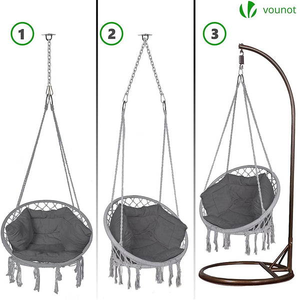 VOUNOT? Hanging Chair with Cushion, Macrame Hammock Swing Chair for Bedroom, Balcony, Patio, Garden, Indoor or Outdoor, 265LBS Capacity, Grey