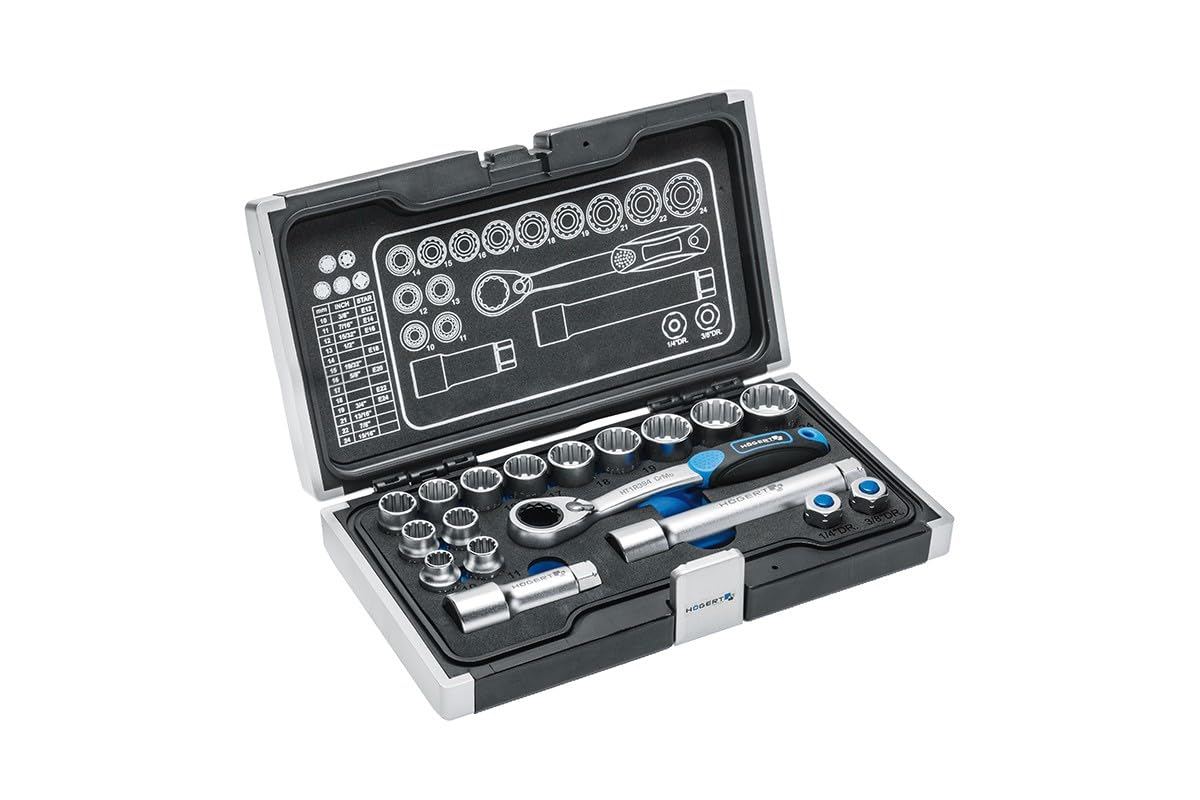 Högert Technik - Tool Set I Socket Spanner, Bits and Equipment 1/4 Inch I Alloy Chrome Vanadium Steel I Drop Forged I Ratchet Mechanism with 72 Pawls I HT1R464-34 Pieces