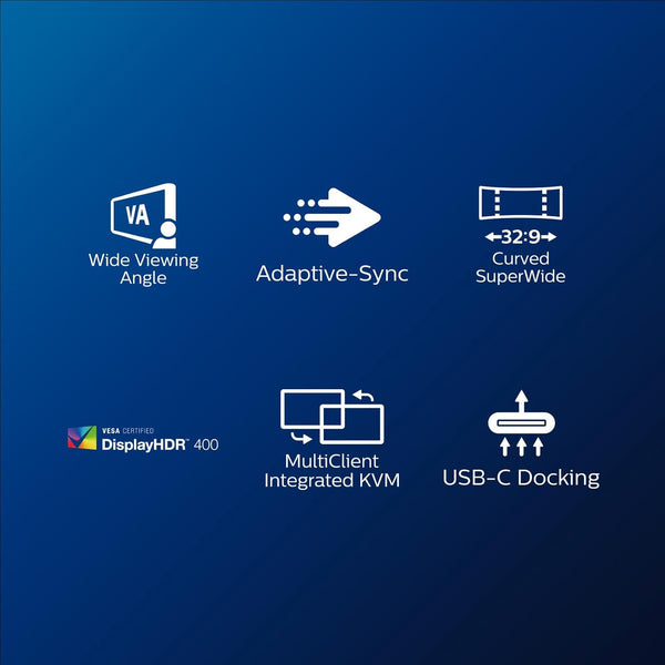 Philips 499P9H- 49 Inch Curved Dual QHD Monitor, 70Hz, 5ms, VA, WebCam, Speakers, USB-C Dock, KVM, Height Adjust (5120 x 1440, 450 cd/m², HDMI/DP 1.4/USB 3.1 / USB-C)