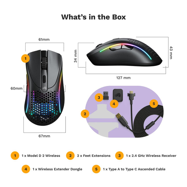 Glorious Gaming Model D Wired Gaming Mouse - 68g Superlight Honeycomb Design, RGB, Ergonomic, Pixart 3360 Sensor, Omron Switches, PTFE Feet, 6 Buttons - Glossy Black