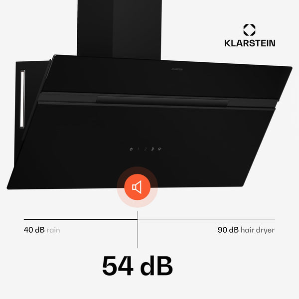 Klarstein Alina 90 Angled Cooker Hood - 600m³/h Air Flow, Touch Panel, LED Backlighting, Quiet 63dB, Energy Class A, 90cm Extractor Hood, Black