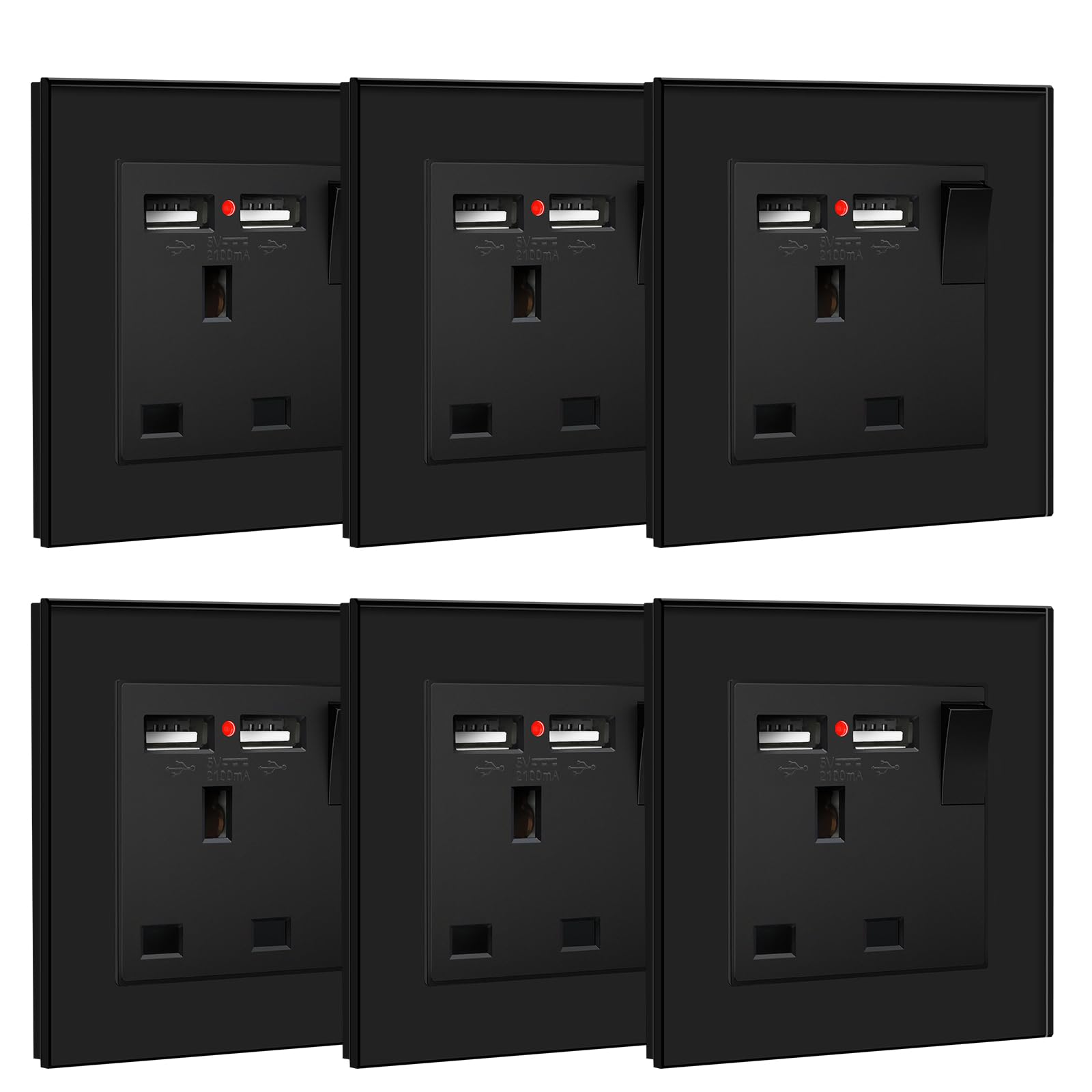 BSEED Double Socket 13A with LED Indicator, Double Switched Wall Socket 2 Gang UK Standard, Electric Switched Plug Power Wall Outlet with Glass Panel, Grey