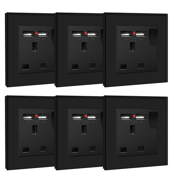 BSEED Double Socket 13A with LED Indicator, Double Switched Wall Socket 2 Gang UK Standard, Electric Switched Plug Power Wall Outlet with Glass Panel, Grey