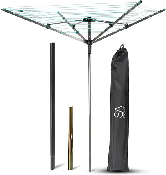 SA Products Rotary Washing Line | 45m Rotating Heavy Duty Clothes Airer Outdoor | Garden 4 Arm Rotary Washing Line | Washing Line Rotary with Ground Spike & Cover