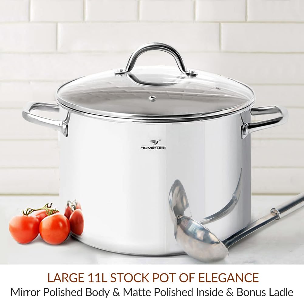 HOMICHEF Large Nickel Free Stainless Steel Stock Pot with Lid (29 cm, 11 Litre) - Mirror Polished Stock Pot 11L with Lid - Heavy Soup Pot with Lid -