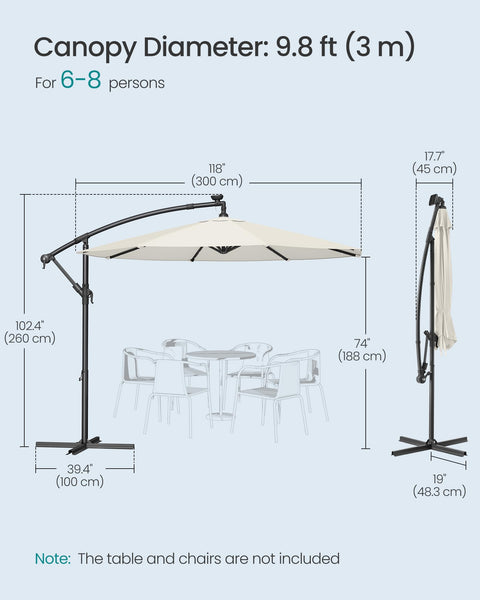 SONGMICS Cantilever Garden Parasol with Solar-Powered LED Lights, 3 m Banana Patio Umbrella with Base, Crank for Opening Closing, Sunshade with Protection UPF 50+, Beige GPU118M01