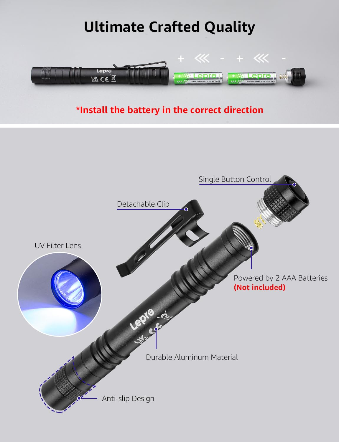 Lepro UV Torch Light, 365nm Ultraviolet Flashlight, Lightweight Pen Torch with Clip, High UV Purity, Small Ultraviolet Light, Blacklight Detector for Pet Urine, Stain, Bed Bugs, and More, 2 Packs