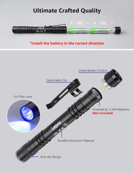 Lepro UV Torch Light, 365nm Ultraviolet Flashlight, Lightweight Pen Torch with Clip, High UV Purity, Small Ultraviolet Light, Blacklight Detector for Pet Urine, Stain, Bed Bugs, and More, 2 Packs