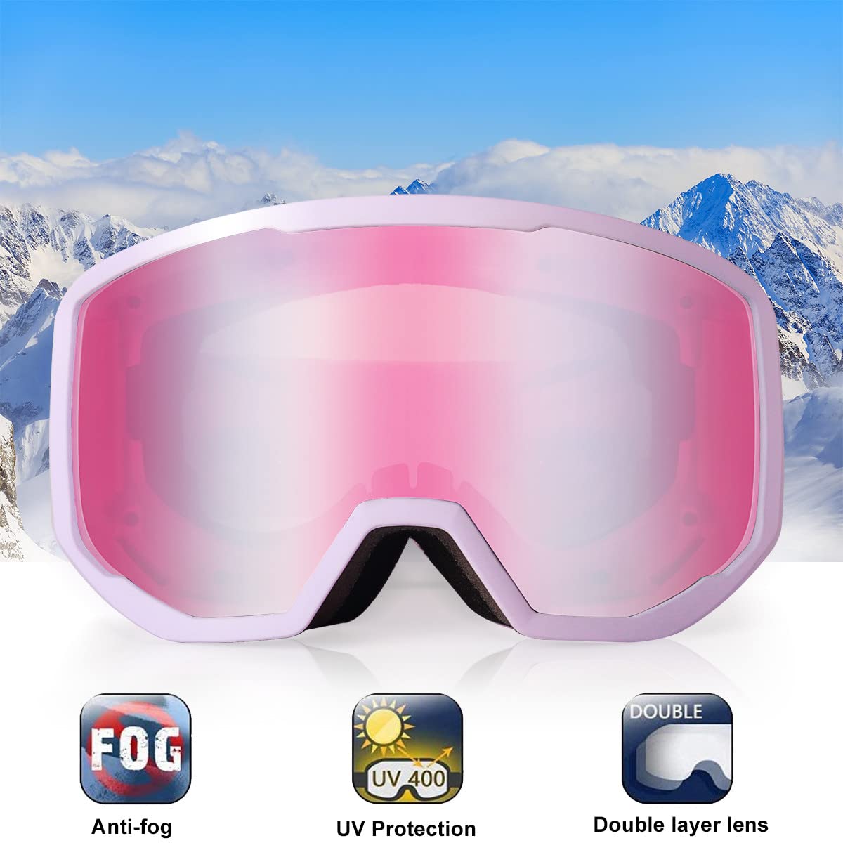 EXP VISION Ski Goggles, Anti fog Snow Snowboard Goggle OTG Dual lens with 100% UV400 Protection for Men Women (Purple Frame-Purple)
