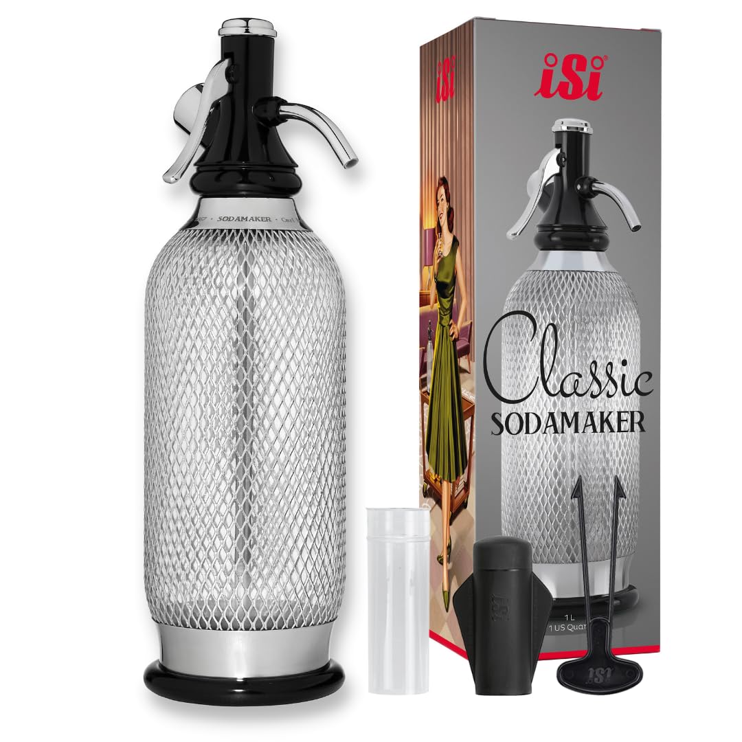 iSi 1060 stainless Sodamaker Classic, 1.0 L, sparkling water bubbler with PEN bottle with stainless steel net, carbonic acid for water, soda maker,
