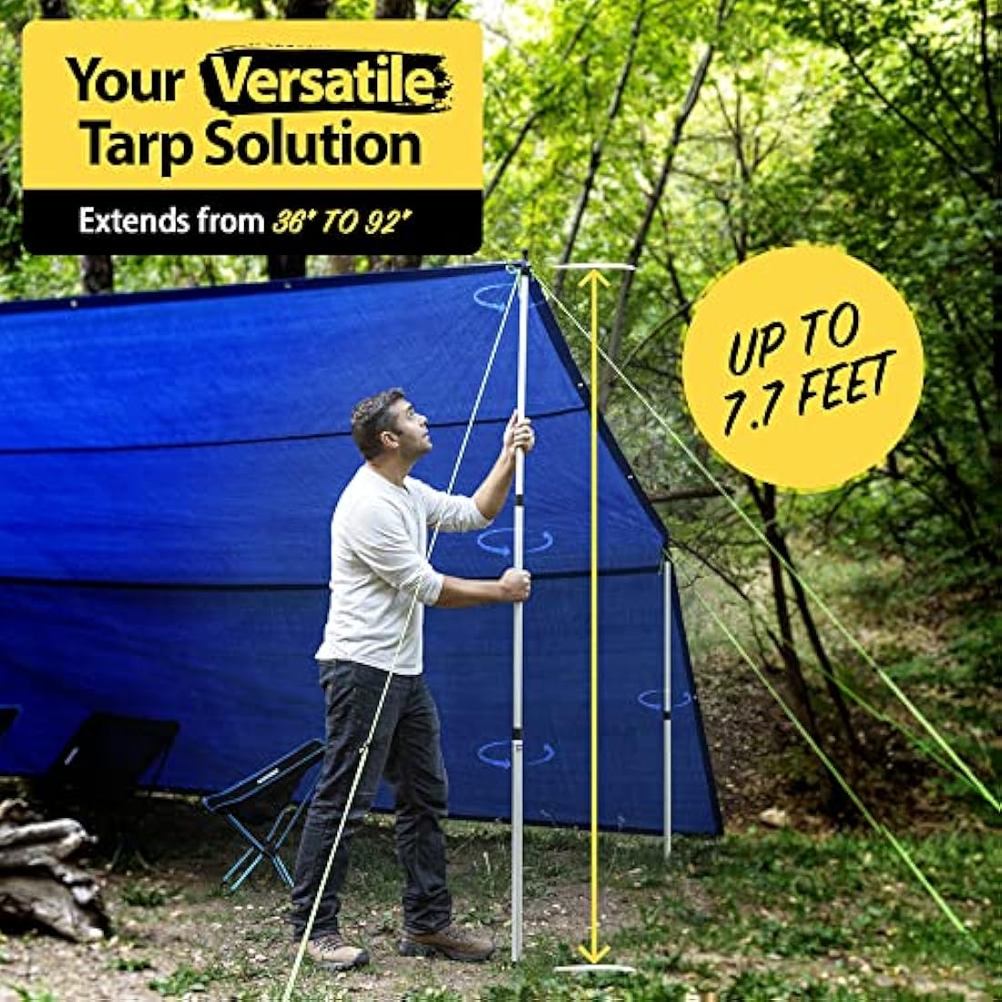 Everbeam Telescopic Tarp Pole for Camping, Hiking, Fishing - Adjustable Aluminium Rods Extend To 92" - Portable & Lightweight, Ideal for Awning, Tent Fly - Includes Guy Lines, Carry Bag - 2 Packs
