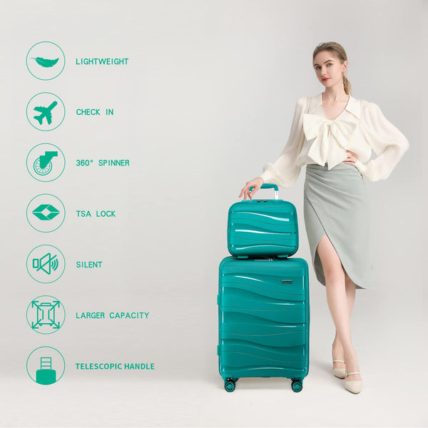 Kono Luggage Sets of 2 Piece Lightweight Polypropylene Hard Shell Suitcase with TSA Lock Spinner Wheels Travel Carry On Hand Cabin Luggage with Beauty Case (Set of 2, Black)