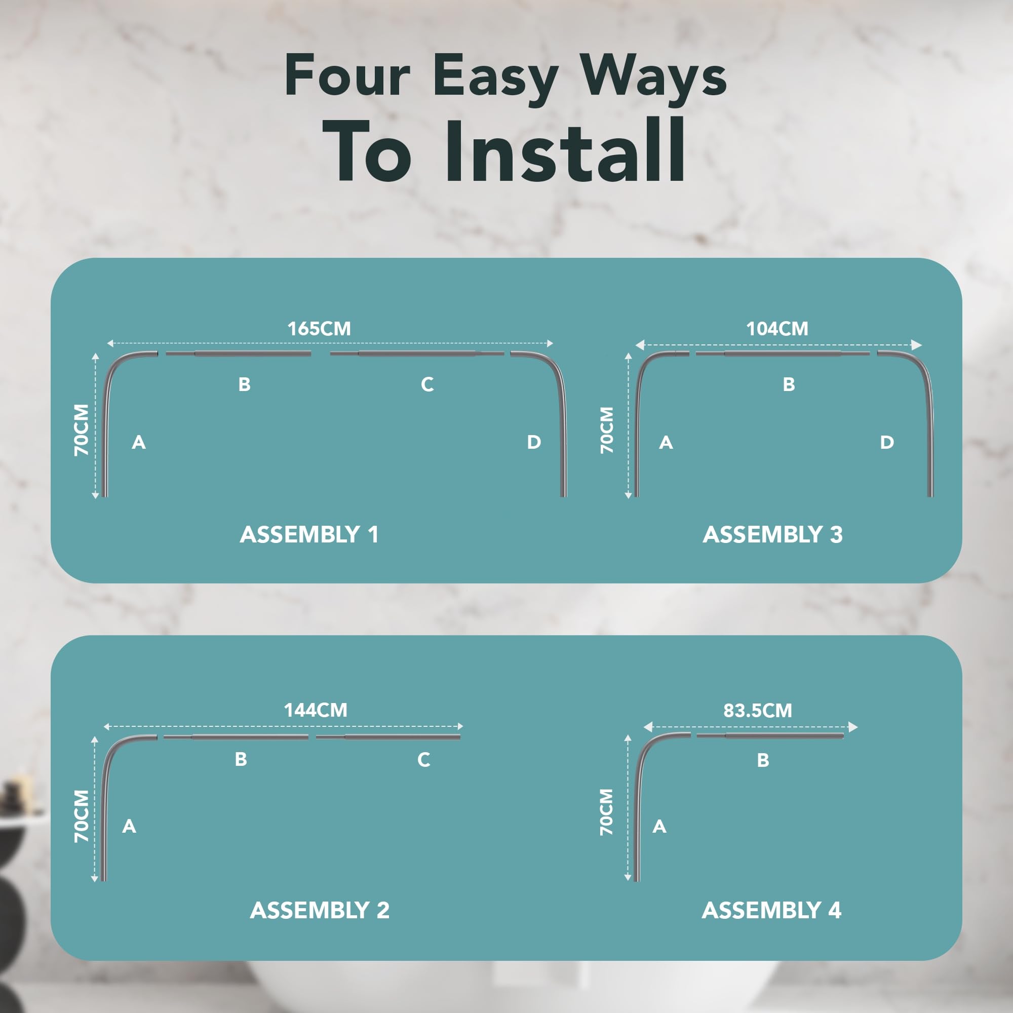 Erica Shower Curtain Pole, 4-in-1 System in U-shape and L-shape, Wall Mounted Without Ceiling Mount, Glossy Grey Powder Coated Steel