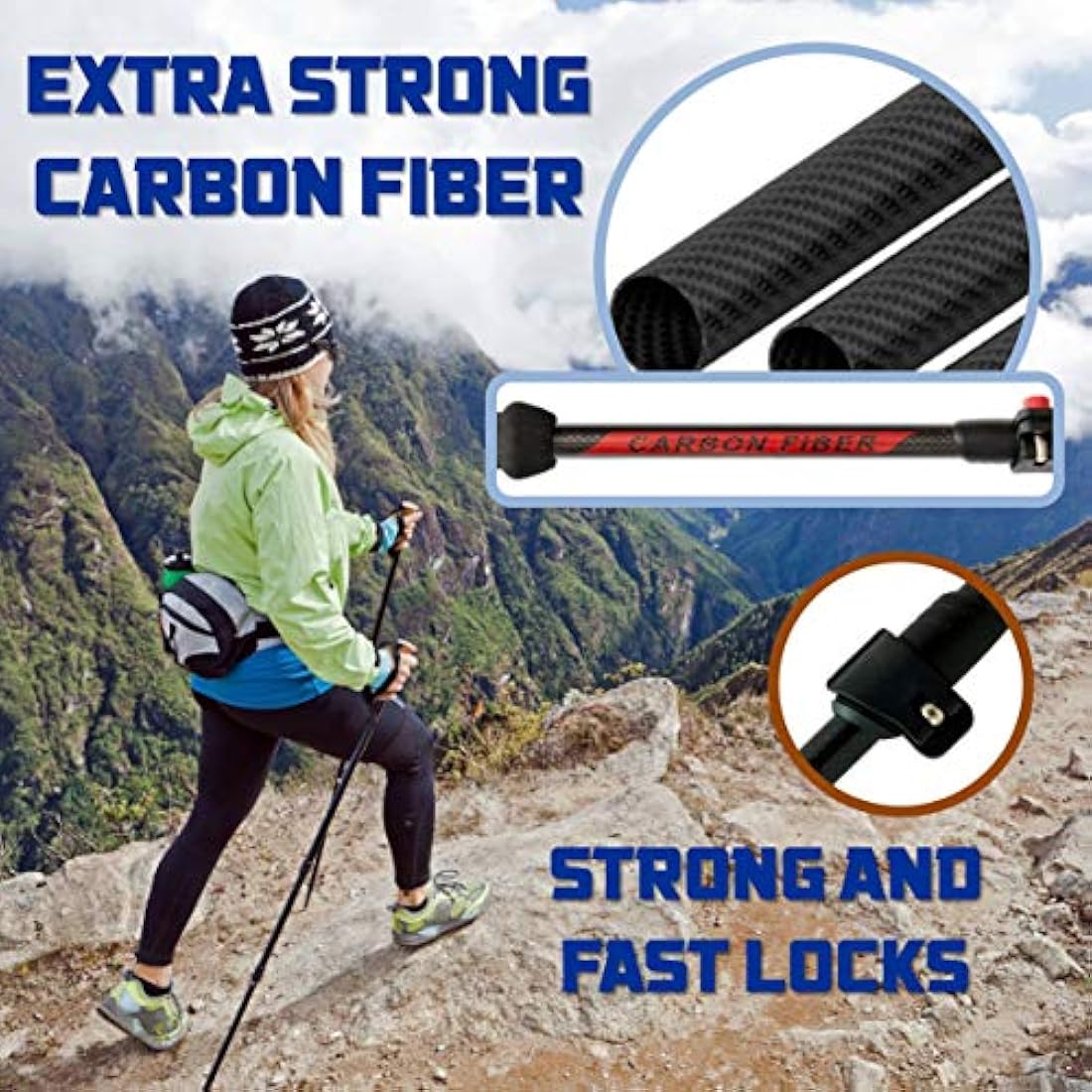 ALTAITREK PRO Telescopic carbon fiber trekking poles with quick locking system, ultralight for hiking, mountain, camping. Natural cork handle. Sticks. Baton. Pair