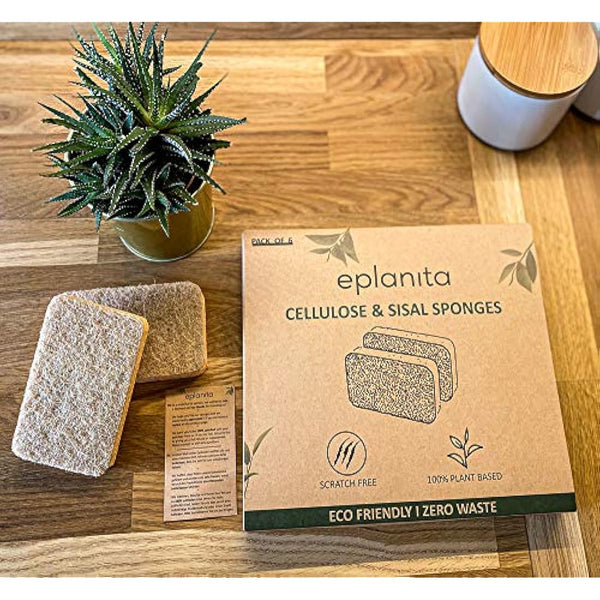 eplanita Natural Plant Based Scrub Sponges (6 Pack), Non-Scratch, Biodegradable Eco Scourers for Kitchen and Bathroom