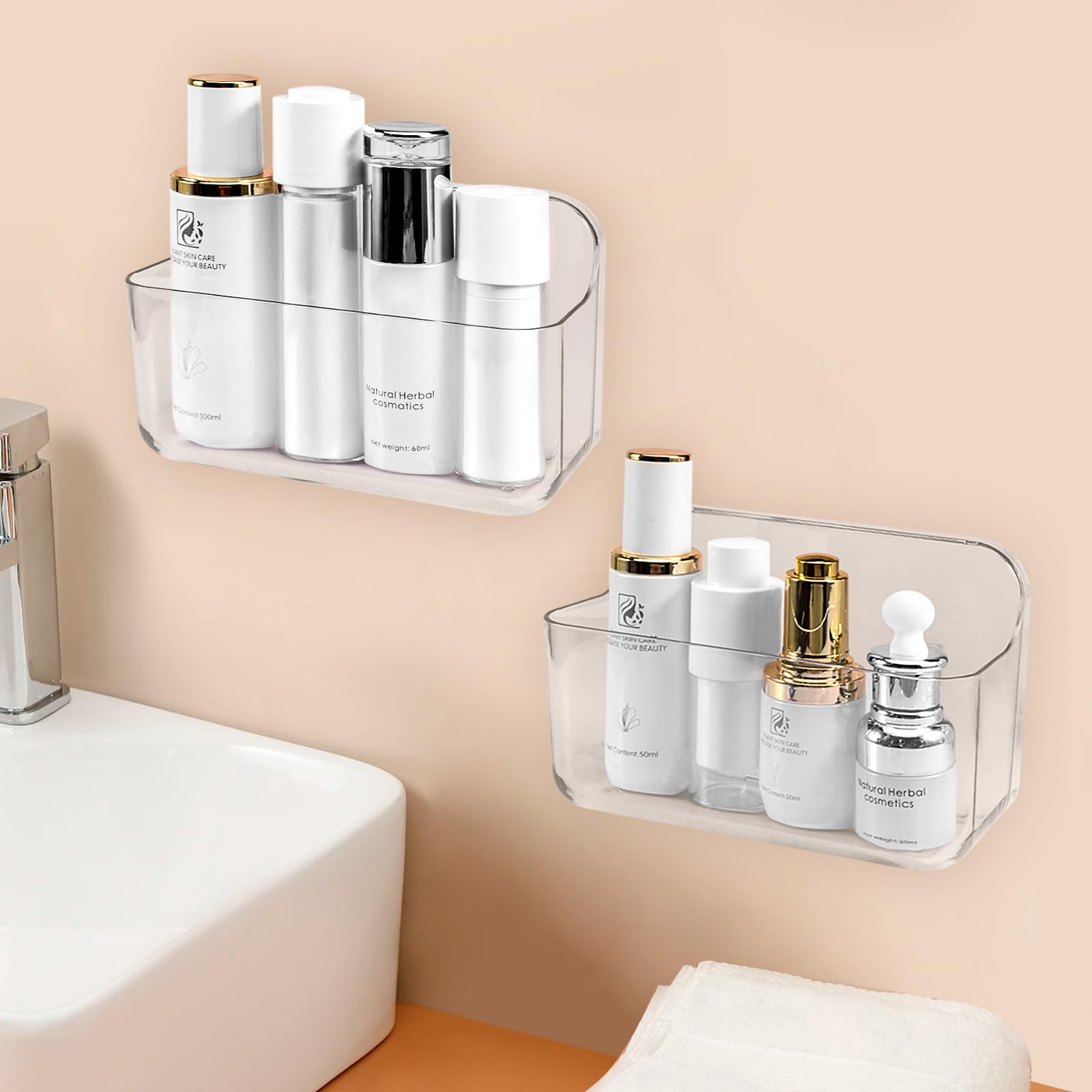 CGBE 2 Pack Bathroom Shelves, Acrylic Adhesive Shelf, No Drilling Shower Shelves Shower Rack for Bathroom/Kitchen Cabinet Door Organizer - Transparent