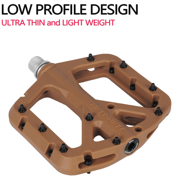 FIFTY-FIFTY Mountain Bike Pedals, Non-Slip MTB Nylon Composite, 9/16" Bicycle Pedals, Lightweight and Wide Flat Platform (Gum)