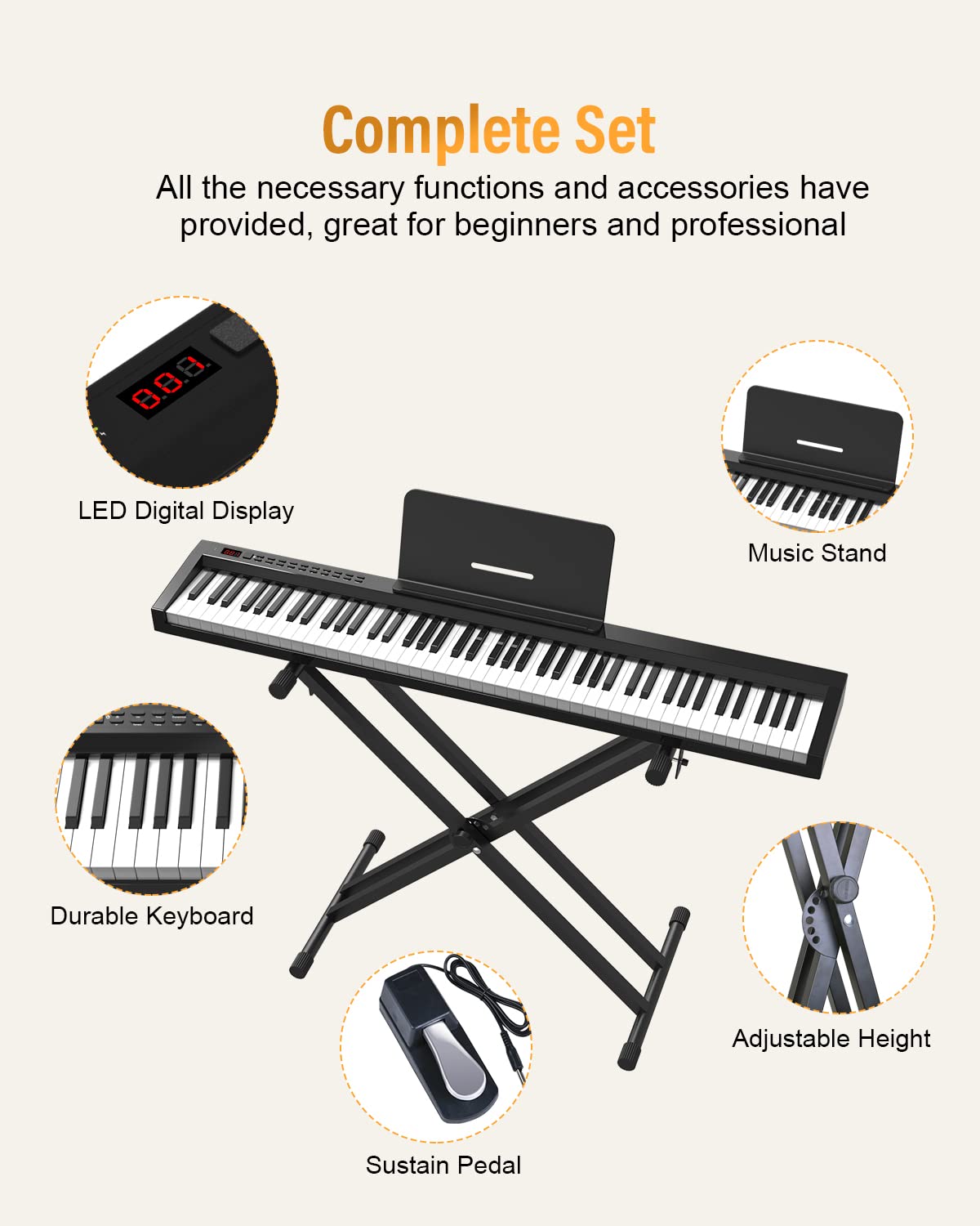 OYAYO 88 Key Digital Piano Full Size Semi-Weighted Keys, Complete Bundle Includes Double X Stand, Travel Bag, Touch Sensitivity Portable Keyboard for Beginners and Musicians on the Road