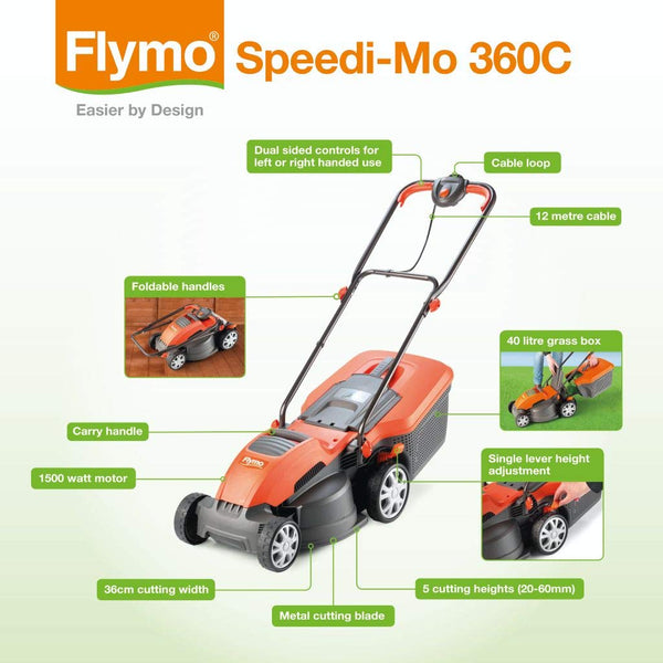 Flymo Speedi-Mo 360VC Electric Rotary Lawn Mower, 1500W, 36cm Cutting Width, 40 L Grass Box, 967663301