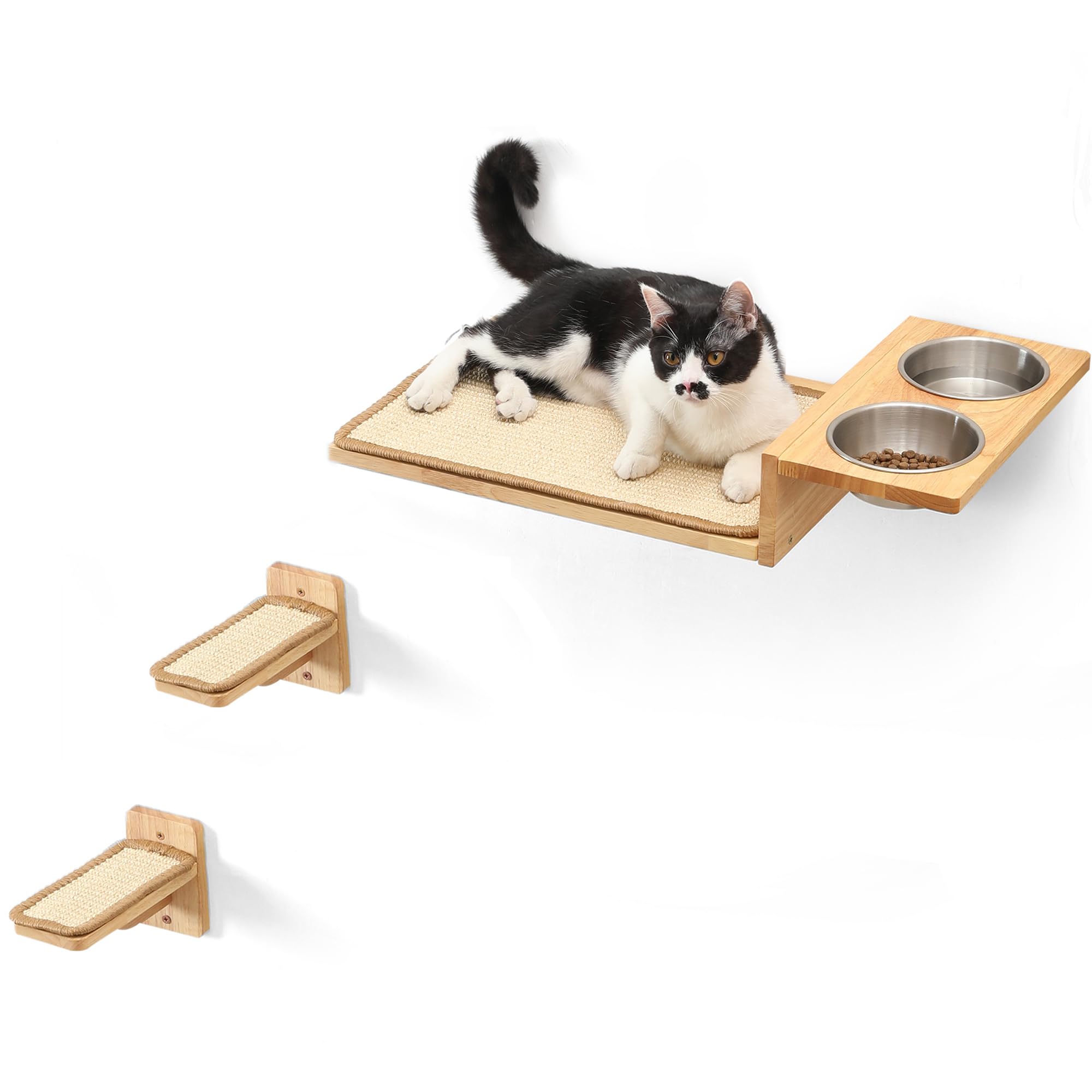 FUKUMARU Cat Wall Shelves, 3 in 1 Cat Wall Furniture Set, Cat Food Station with 2 Wall Steps, Solid Rubber Wood Cat Perch, Suitable for Cats Play,