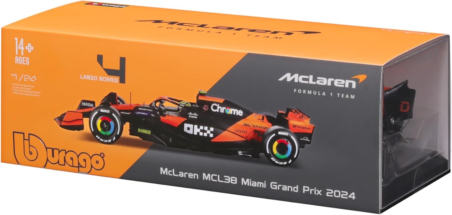 Bburago F1 Formula 1 MCLAREN MCL38 (2024) WITH HELMET- NORRIS - 1:24 Scale - Incredibly Detailed Die-Cast Replica Collectible Race Car Model