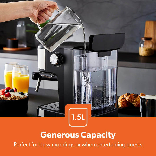 GEEPAS Espresso & Cappuccino Coffee Machine with Milk Frother, 20 Bar Pressure | 1.5L Water Tank Capacity, Stainless Steel Housing | 1100W, Silver, Ideal for Barista Quality Beverages