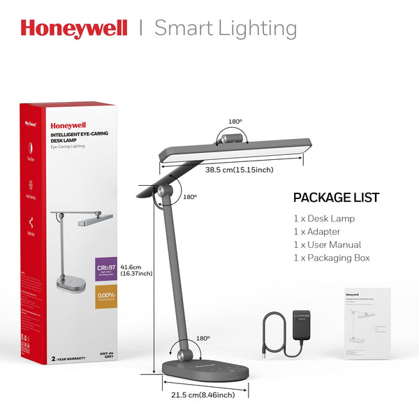 Honeywell LED Desk Lamp for Home Office - H4 Sunturalux™ Eye-Caring Desk Light, 14W Dimmable Table Lamp with 3 Color Modes, 5 Brightness Levels, Auto-Dimming, Timer, Touch Control Reading Lamp, White