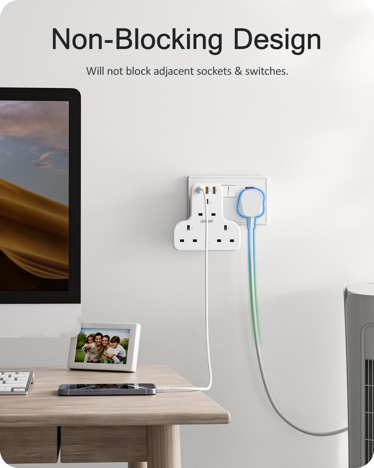 LENCENT Plug Extension Socket, 3 Way Multi Plug Socket with 3 USB Ports, Power Extender Wall Adaptor for Household Appliances, Iphone, Smartphone, Tablet, Home, Office, Bedroom, 13A 3250W