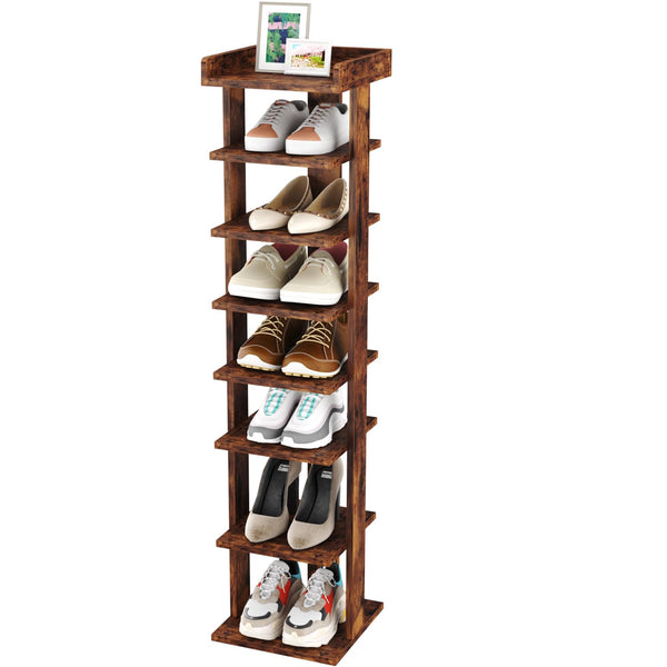 HOME BI 7-Tier Narrow Shoe Rack,Corner Shoe Tower, Slim Shoe Organizer, Wooden Shoe Storage Stand for Entryway, Hallway, Closet, Rustic Brown