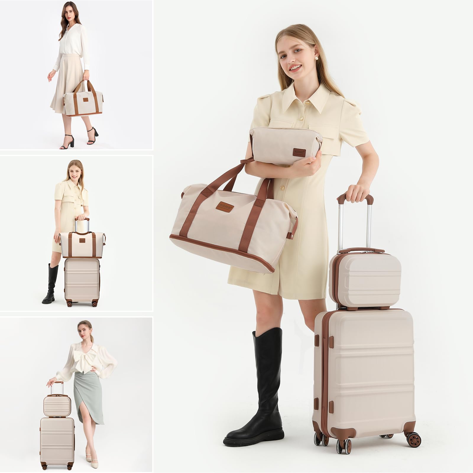 Kono Travel Luggage Sets of 6 Piece Lightweight ABS Hard Shell Trolley Case with TSA Combination Lock 20" 24" 28" Suitcase + 12" Beauty Case + Duffel Bag & Toiletry Bag (Cream White)