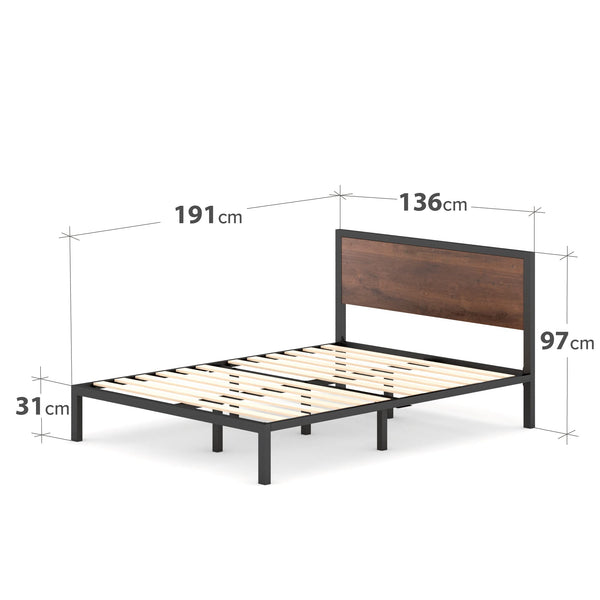 Zinus Mory Single Bed frame - Bed 90x190 cm - 30 cm Height - Metal and Wood Platform Bed frame with Wood slat support - Brown and Black