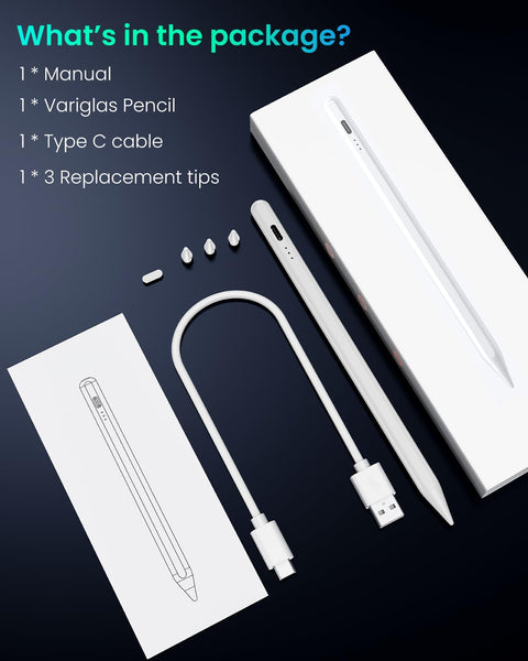 Variglas Pencil for iPad - 2018-2025 15 Minutes Fast Charging, Palm Rejection,Tilt Sensitivity, Stylus Pen Compatible with iPad Pro 11"/12.9"/13", 11/10/9/8/7/6th Gen, Air 3-6, Mini 5/6
