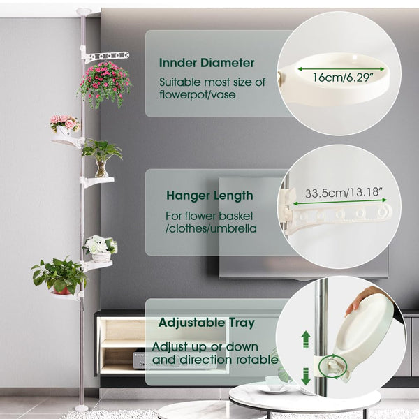 Hershii 5-Layer Indoor Plant Pole Spring Tension Rod Corner Flower Display Rack Adjustable Plant Pot Stand Holder Telescopic Floor to Ceiling Shelf