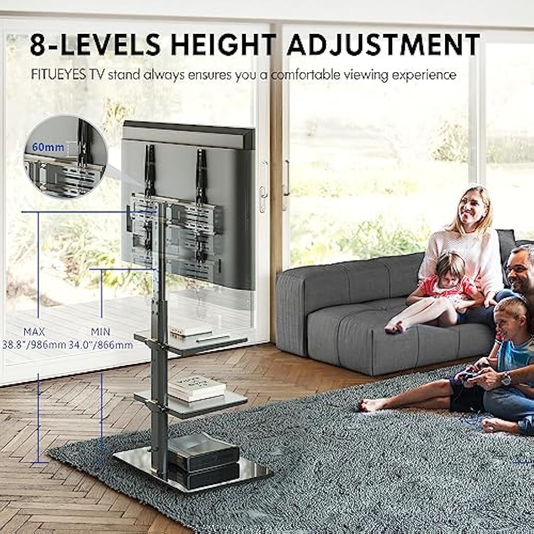 FITUEYES TV Floor Stand for 32-60 Inch, Tall TV Stand with Swivel Bracket, Floor Standing TV Stand with 2 Adjustable Shelves, Max VESA 600x400mm Holds 30kg