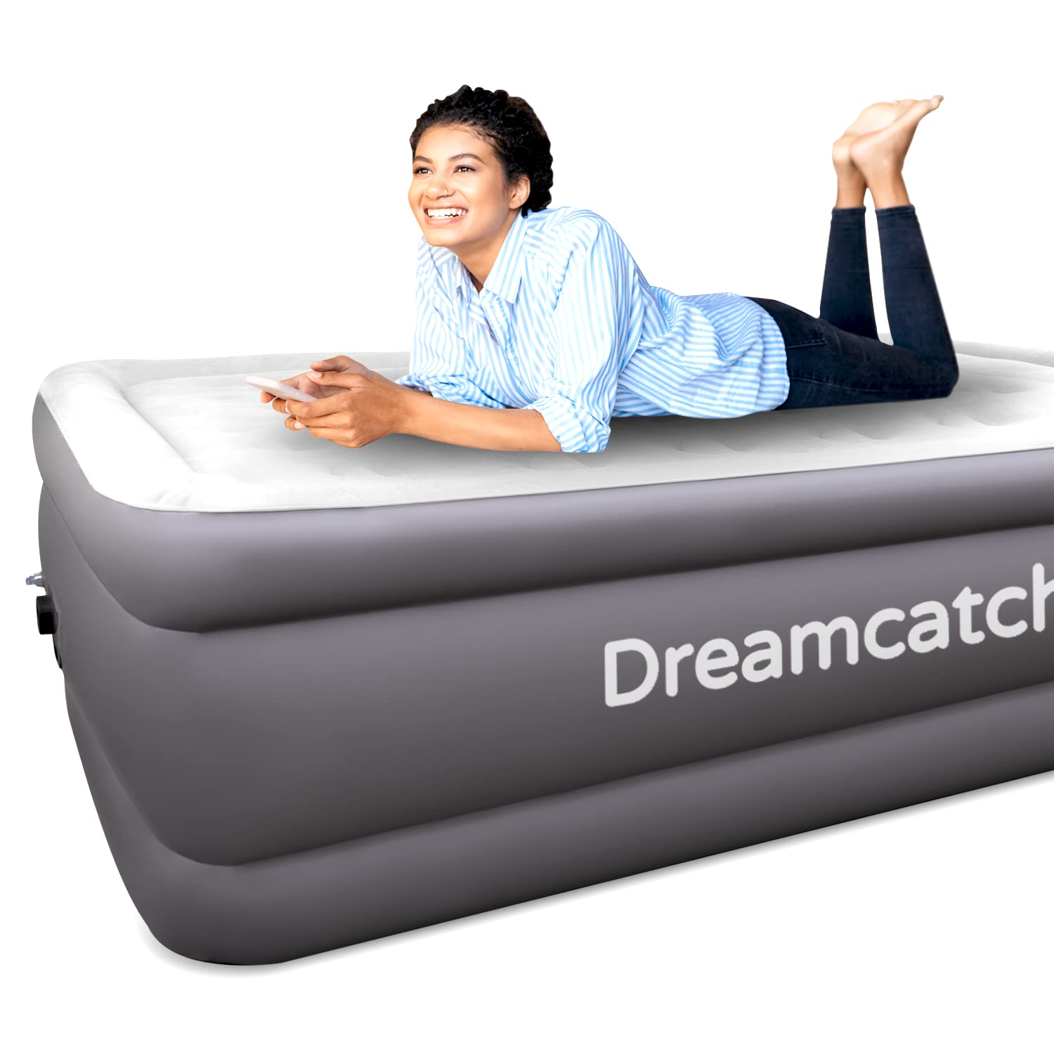 Dreamcatcher Premium Inflatable Mattress King Air Bed 203x152x46cm. Dark Grey Blow Up Bed Air Mattress with Built in Electric Pump & Airbed Storage