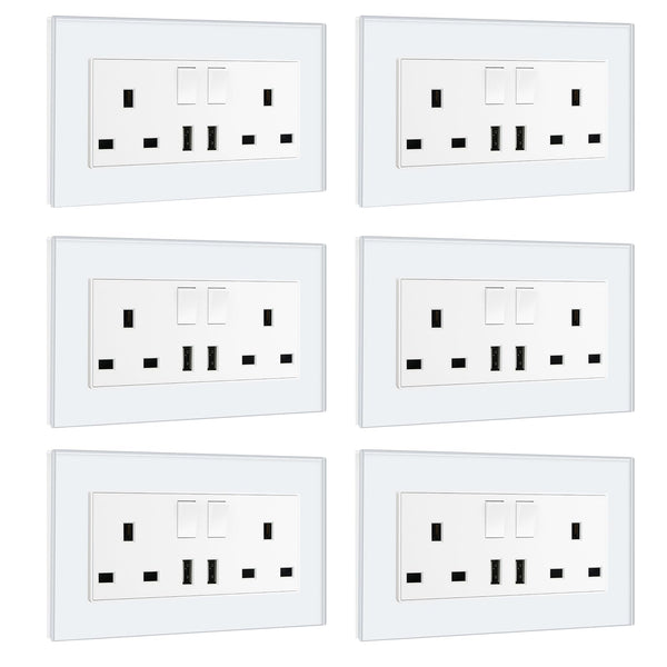 BSEED Double Socket 13A with LED Indicator, Double Switched Wall Socket 2 Gang UK Standard, Electric Switched Plug Power Wall Outlet with Glass Panel, Grey