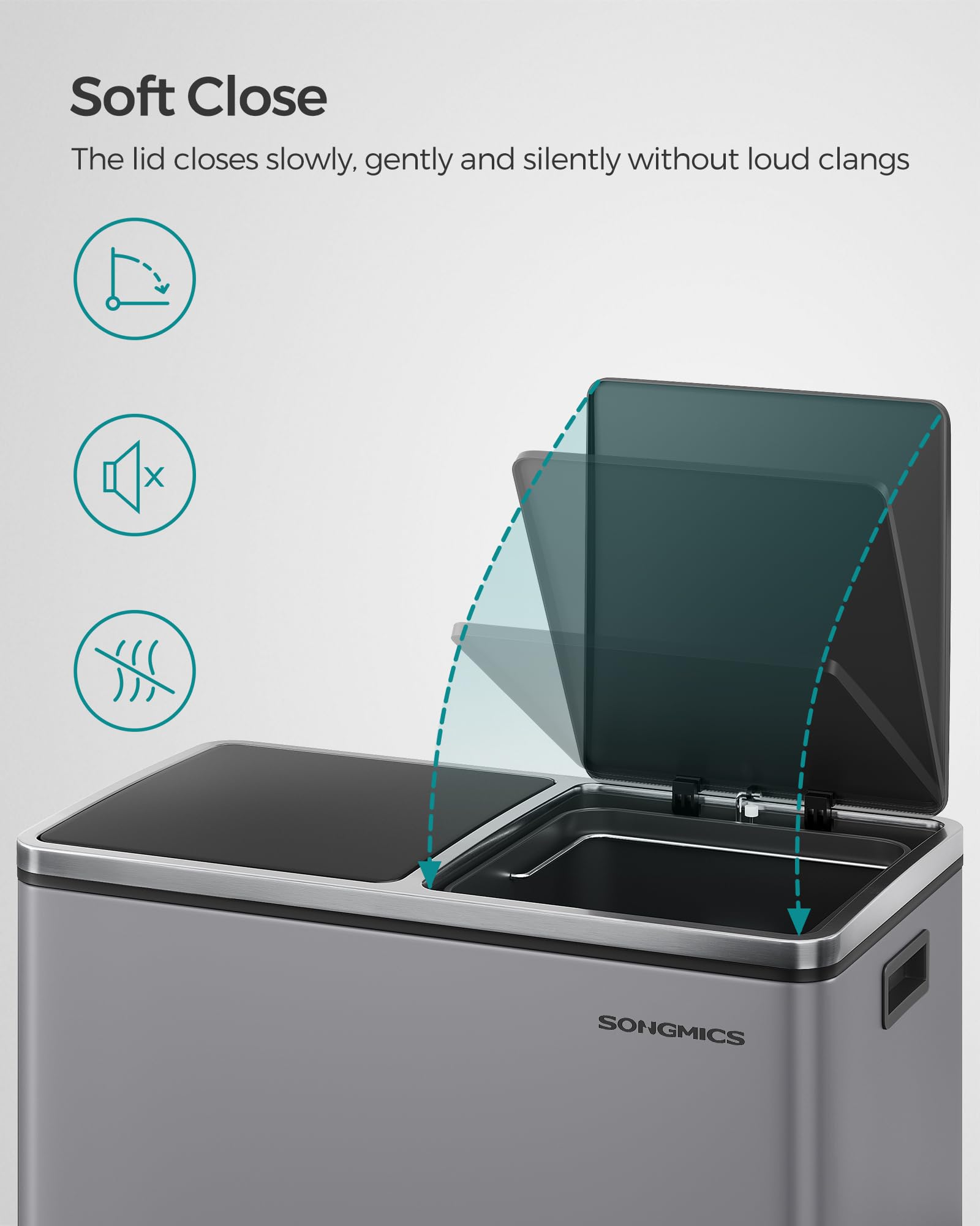 SONGMICS Dual Rubbish Bin, 2 x 30 L Recycling Bin with 15 Rubbish Bags, 2-Compartment Metal Pedal Bin with Lids and Plastic Inner Buckets, Soft Closure, Slate Grey LTB060G01