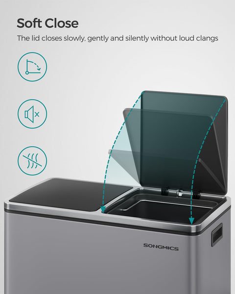 SONGMICS Dual Rubbish Bin, 2 x 30 L Recycling Bin with 15 Rubbish Bags, 2-Compartment Metal Pedal Bin with Lids and Plastic Inner Buckets, Soft Closure, Slate Grey LTB060G01